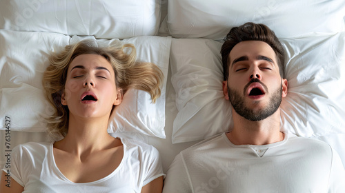 Top view of Snoring couple in bed