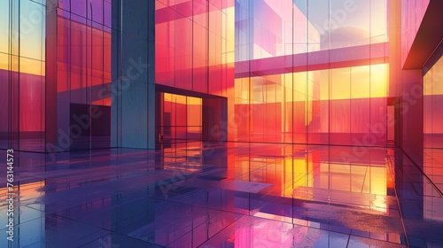 Modern glass architecture featuring vibrant sunset reflections creates stunning visual spectacle