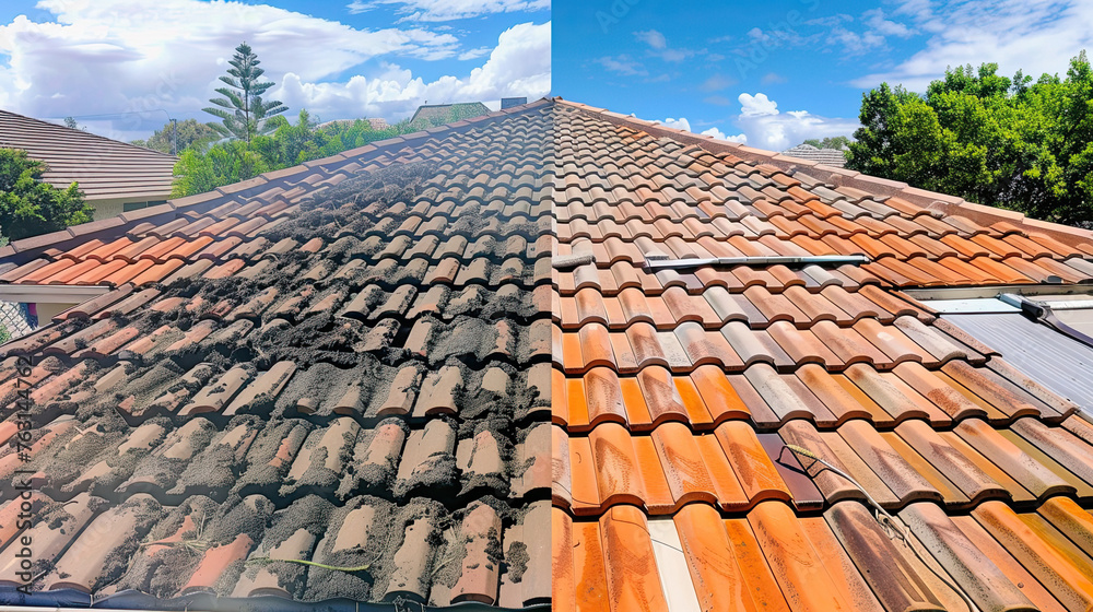 Comparison roof top before and after cleaning, dirty and clean Stock ...