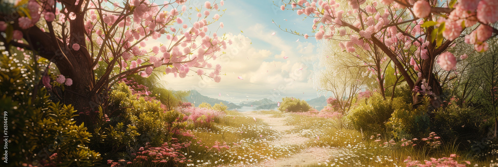 Serene Cherry Blossom Pathway in Sunlit Spring Landscape
