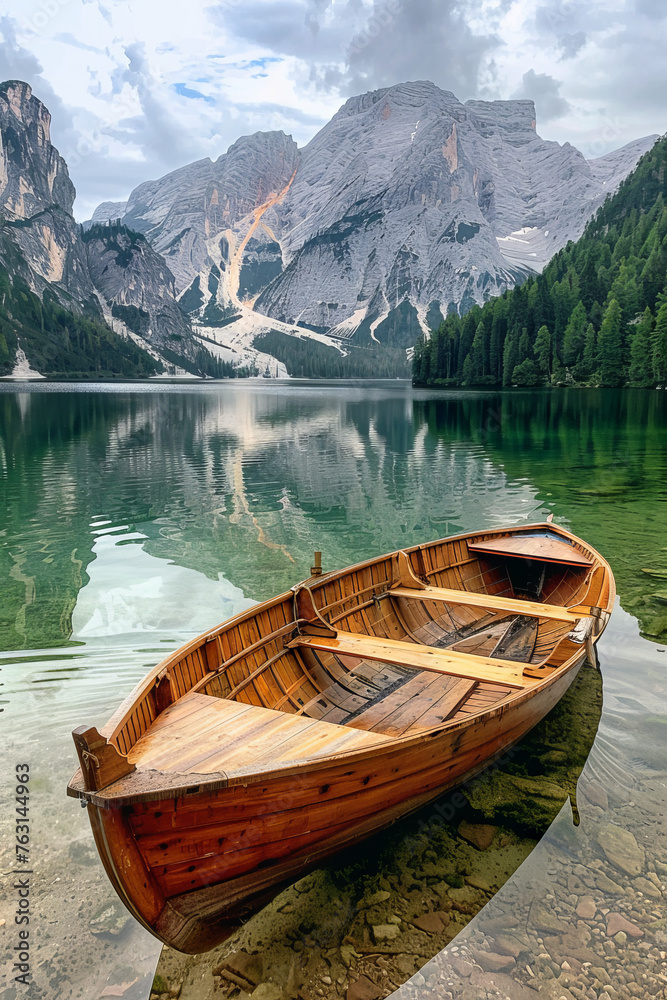 Serene Mountain Lake Scene With Wooden Rowboat