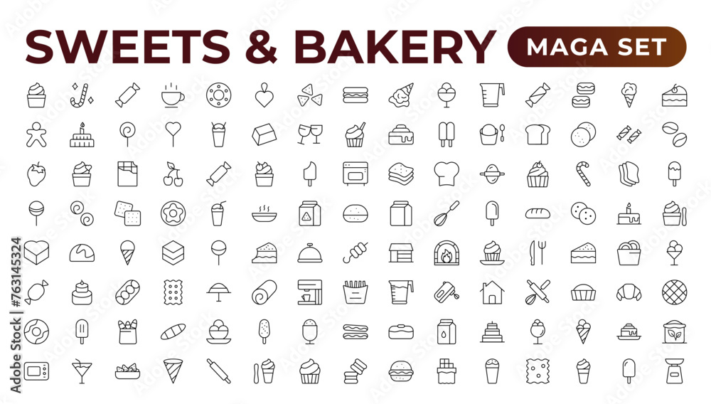 Sweets & Bakery icon set. Food icon collection. Containing meal, restaurant, dishes, and fruit icons. Set of outline icons related to food and drink. Linear icon collection. Outline icon collection. Sweets & Bakery icon set. Food icon collection. Containing meal, restaurant, dishes, and fruit icons. Set of outline icons related to food and drink. Linear icon collection. Outline icon collection.