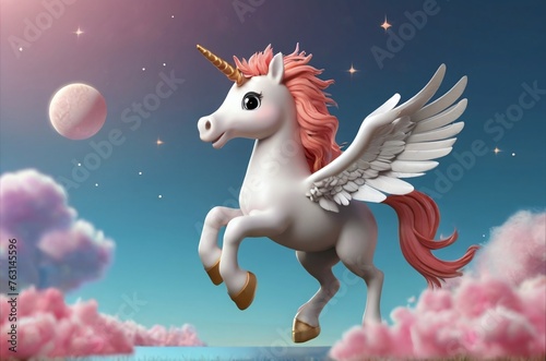 A winged unicorn flying in fantasy land, cartoon illustration