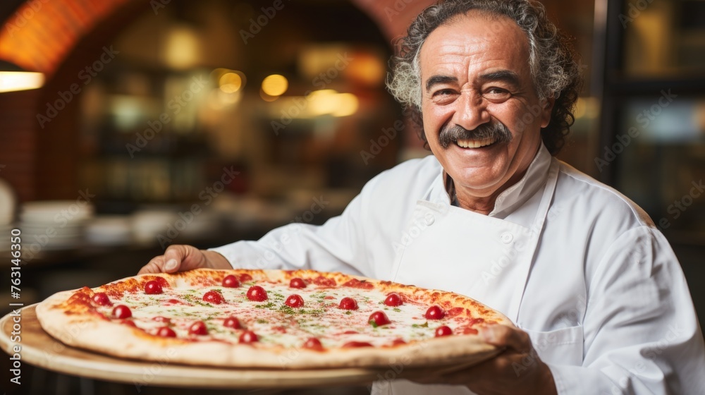 Smiling mature man preparing tasty pizza in cozy italian restaurant brick oven with space for text