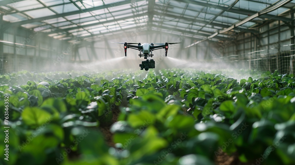 Modern Farming: Drone Spraying Crops in Greenhouse Modern Farming: Drone Spraying Crops in Greenhouse