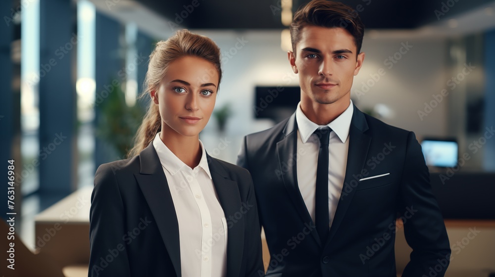 Portrait of a professional man and a woman in a suit standing in a modern office. Young business man and woman looking at the camera in a workplace meeting area. Portrait of a professional man and a woman in a suit standing in a modern office. Young business man and woman looking at the camera in a workplace meeting area.