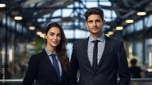 Portrait of a professional man and a woman in a suit standing in a modern office. Young business man and woman looking at the camera in a workplace meeting area.