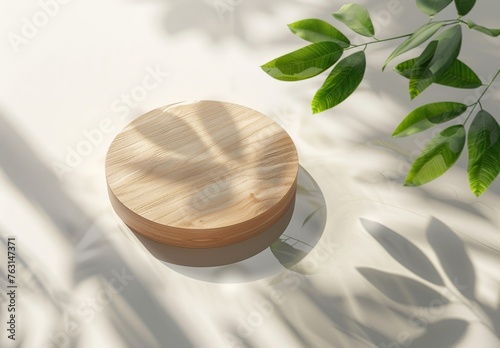 Wooden podium or pedestal with water ripple flat lay, top view. Summer cosmetic template, mock up.