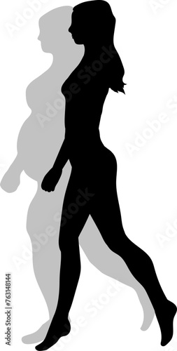 A vector illustration featuring the black silhouette of a slender athletic girl walking juxtaposed with her opposite full-bodied, unkempt shadow on a white background, symbolizing contrast and self-im