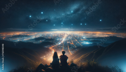 two people sitting on a mountain top at night, gazing at a sprawling cityscape below, © Henry