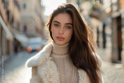 A woman with long brown hair and a white sweater is standing on a street