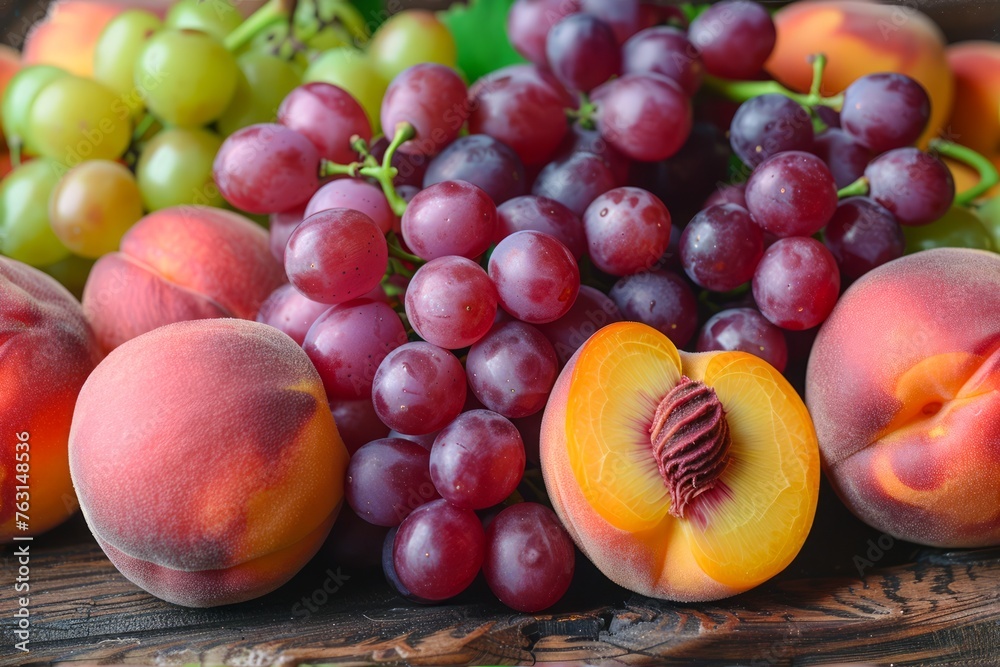 Fresh Assorted Fruits Display with Grapes and Peaches on Rustic Wooden Background - Healthy Eating Concept Fresh Assorted Fruits Display with Grapes and Peaches on Rustic Wooden Background - Healthy Eating Concept