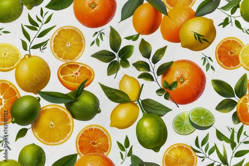 Fresh Citrus Fruits Assortment on White Background with Orange  Lemon  Lime  and Leaves