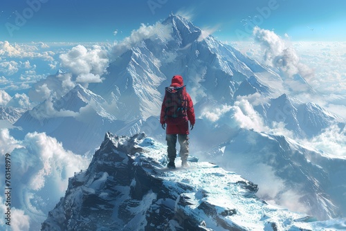 An adventurer stands atop a snowy peak with a scenic view of the mountain range, clouds, and birds in the sky photo