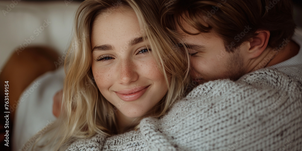 Man hugging happy smiling blonde woman Man hugging happy smiling blonde woman