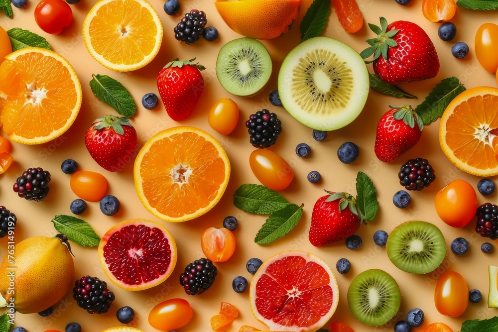 Vibrant Assortment of Fresh Fruits Including Oranges, Strawberries, Kiwis on a Neutral Background - Healthy Eating Concept