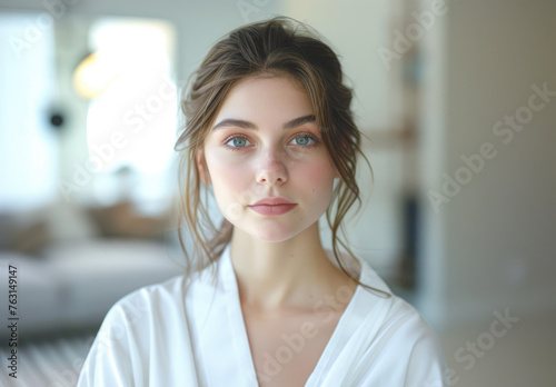 a caucasian woman in a white robe standing at home, a close up portrait with a beautiful face and chest looking into the camera