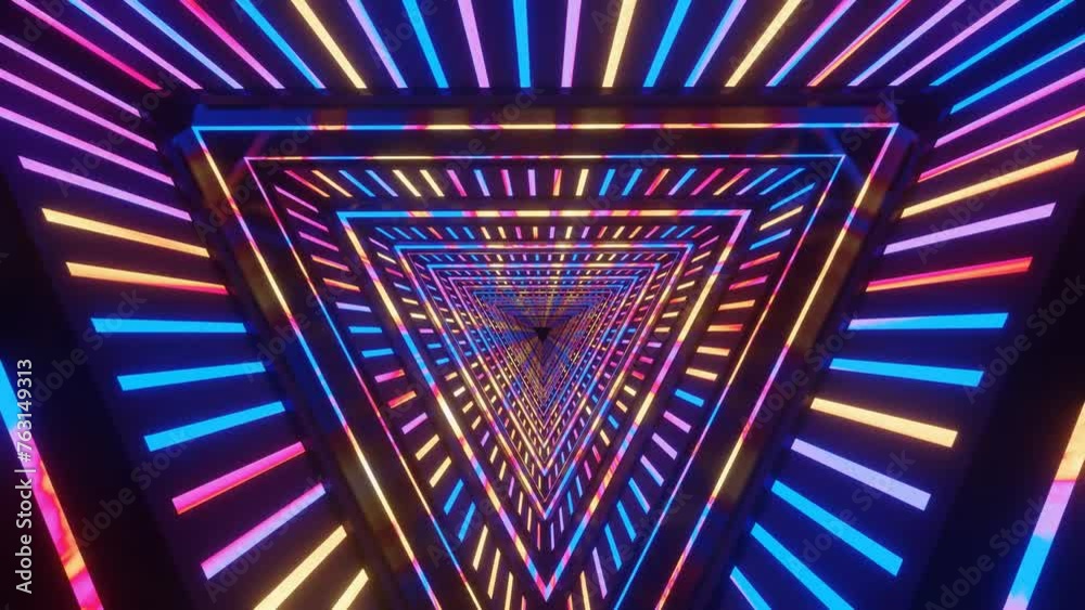 3D illustration design of a rotating infinite triangle tunnel with colorful blinking glowing lights