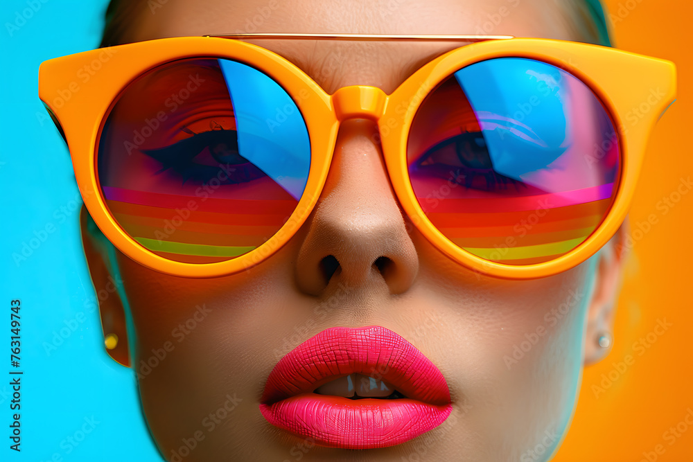 Close-up of a woman's face sporting trendy oversized sunglasses with reflective rainbow lenses and vibrant pink lipstick, set against a bright blue background. Close-up of a woman's face sporting trendy oversized sunglasses with reflective rainbow lenses and vibrant pink lipstick, set against a bright blue background.