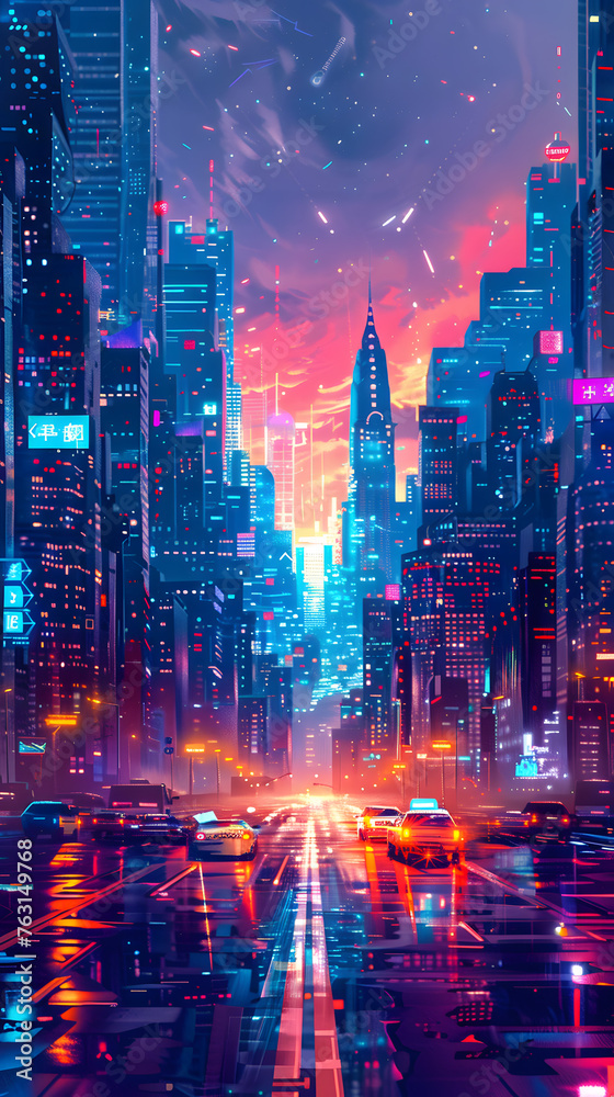In a vibrant digital illustration, a bustling city street comes to life at night, illuminated by neon lights and adorned with reflective rain-soaked surfaces. Pop art theme.