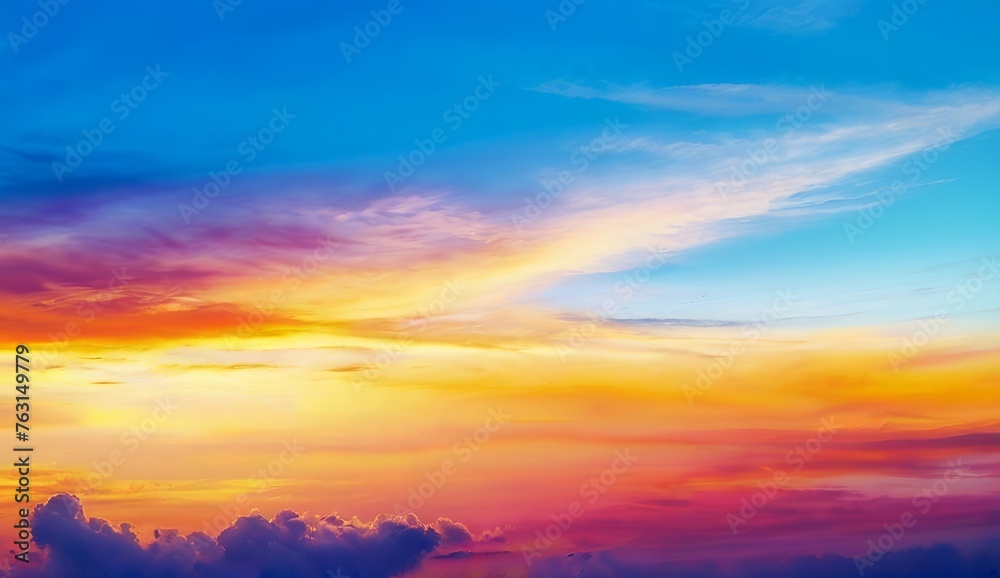 Fantasy vibrant panoramic sunset sky - Gradient rich colors - ethereal dreamy summer sunset or sunrise sky. Uplifting and peaceful sky. - blue, orange, yellow vibrant rich colors
