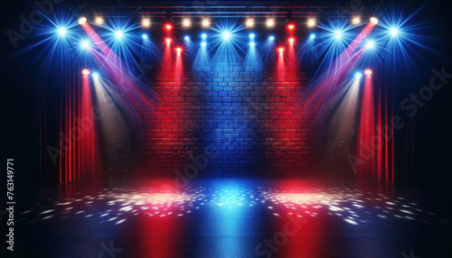 stage with a backdrop of a brick wall illuminated by stage lights in red and blue hues,