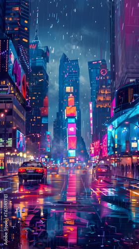 Digital illustration of a bustling city street at night, bathed in neon lights and reflective rain-soaked surfaces, pop art theme.