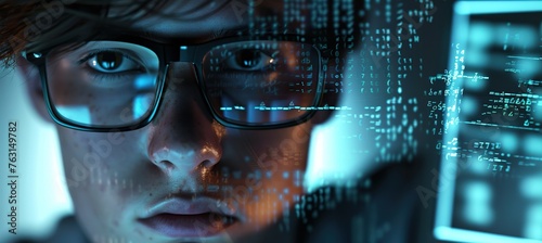 Young programmer looking at the monitor in front of him. Monitor illuminating his face and creating a reflection on his glasses. The reflection shows HTML code. 