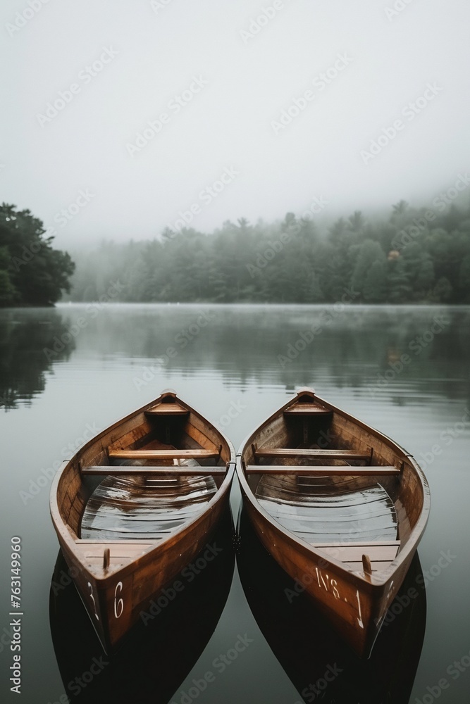 Two wooden row boats in the middle of a lake, with a foggy forest mountain background, shot in the style