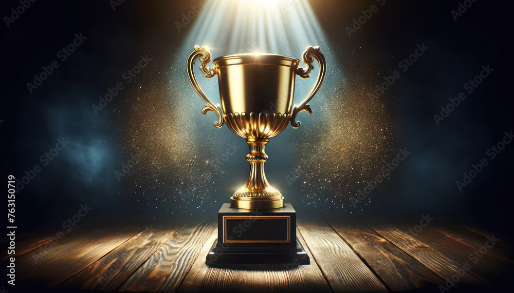 prestigious gold trophy cup centered on a dark wooden table. The trophy is illuminated by a spotlight prestigious gold trophy cup centered on a dark wooden table. The trophy is illuminated by a spotlight