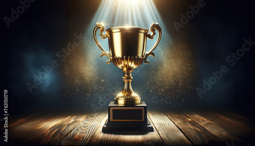 prestigious gold trophy cup centered on a dark wooden table. The trophy is illuminated by a spotlight