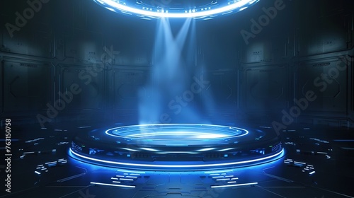 Abstract blue light effect background. Futuristic lab with 3D circle and HUD elements interface. Blank Hologram for show your product. Circle technology portal, generative ai, 