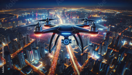 drone flying high above a futuristic cityscape at night. The city below is a blaze of neon lights and traffic, with glowing skyscrapers