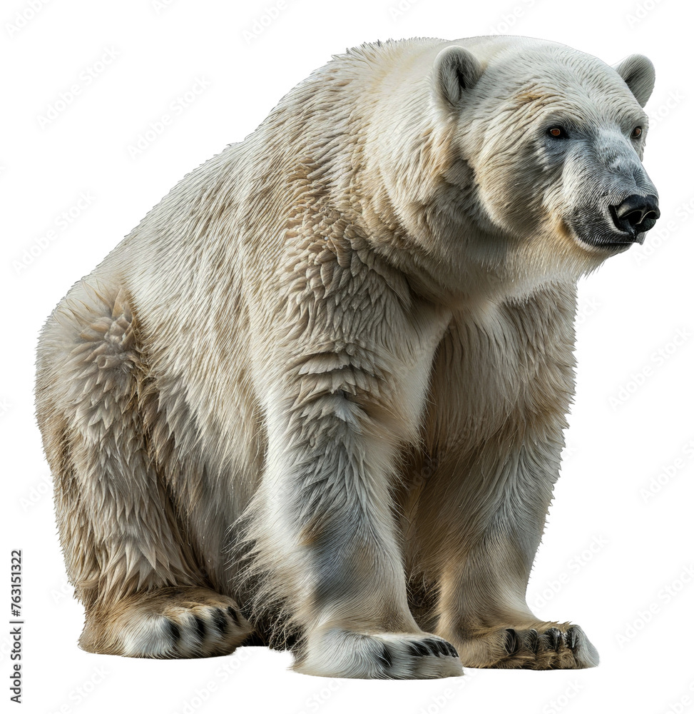 Solitary polar bear sitting thoughtfully on transparent background - stock png.