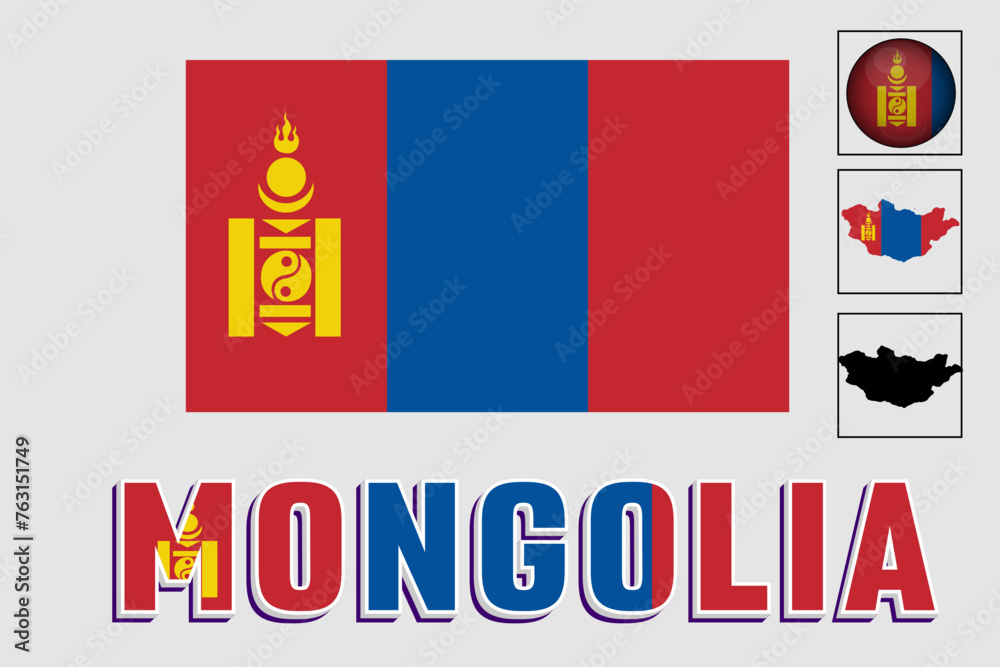 Mongolia flag and map in a vector graphic