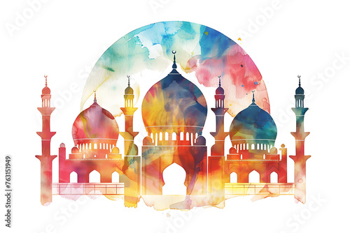 Abstract mosque watercolor in circle with vibrant colors on a circle isolated on a transparent background.
