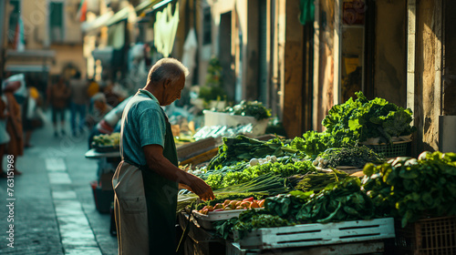 Selling fresh greens at street market in southern Italy. photo