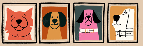 A set of paintings with funny portraits of different dogs in hand-drawn style. Vector illustration