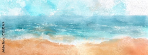 Watercolor painting blue ocean wave on sandy beach background. Abstract blue sea and beach summer background for banner, invitation, poster or web site design, imitation, space for text.