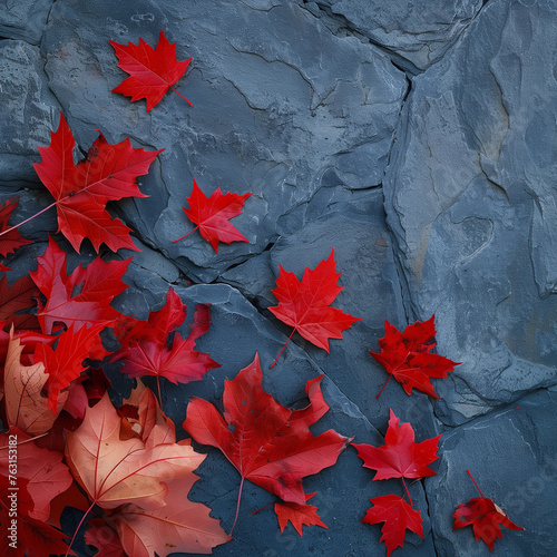 A pile of red leaves on a rock