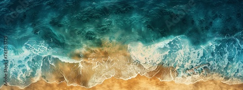 Aerial view of ocean waves, ocean texture in the style of blue and white colors, top down view. Panoramic view of the ocean with large waves