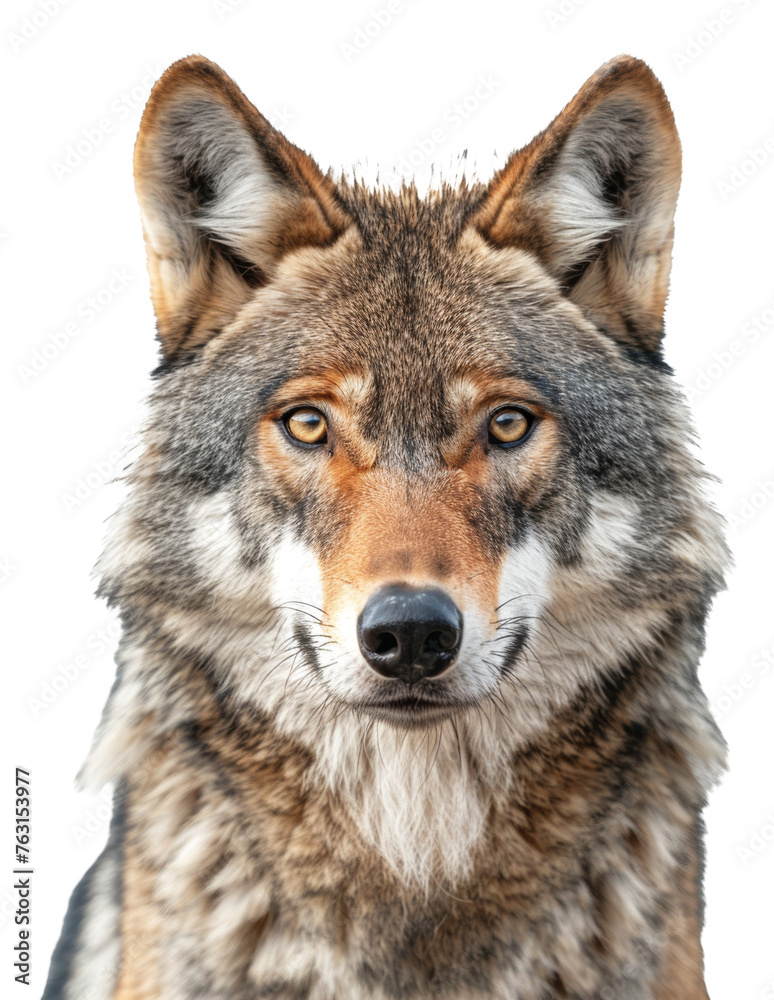Timber wolf headshot with intense gaze, cut out - stock png.