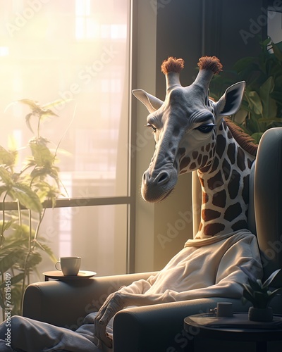 Relaxed Giraffe Enjoying Morning Coffee at Home