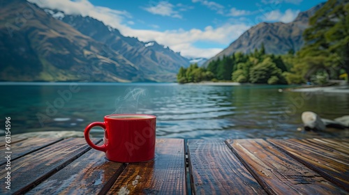 Queenstown The foreground guides the eye to the lively summer scene of New Zealand which is bathed in the midday sun Lake Wakatipu sparkles in the sunlight and a red coffee cup. photo