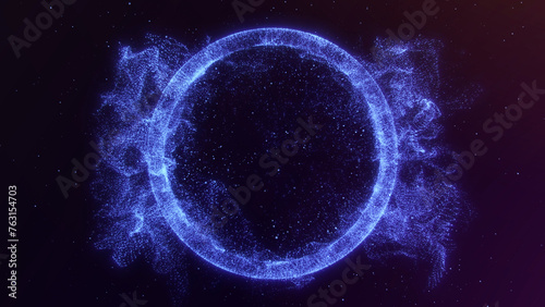 Abstract round bright dynamic digital ring of particles of energy radiates magical waves and fractals. Moving blue plasma waveform sphere reacting to vibrations.