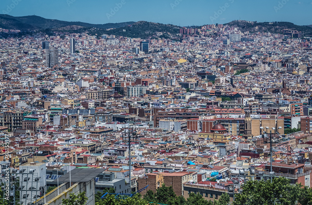 Aerial view from Jew Mountain - Montjuic hill in Barcelona city, Spain