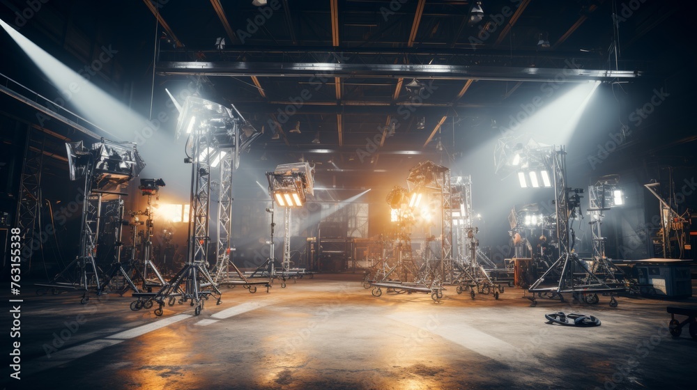 Modern movie set equipment with professional video cameras and lighting fixtures capturing scene
