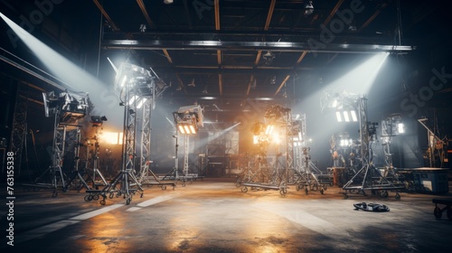 Modern movie set equipment with professional video cameras and lighting fixtures capturing scene