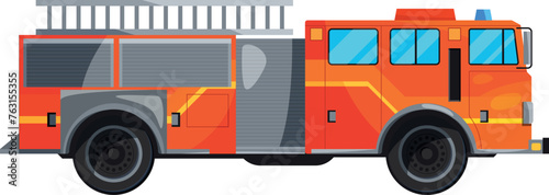 Cartoon fire truck with firefighter ladder side view