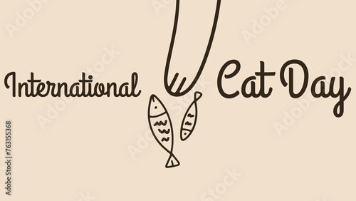 International Cat Day hand draw vector background. Funny world cats. Celebration of August 8. Line art paw and fish.